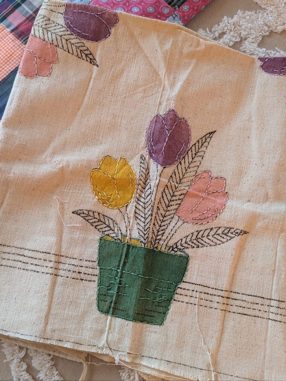 Flower pot w flowers tulips embroidery piece, table cloth or curtain